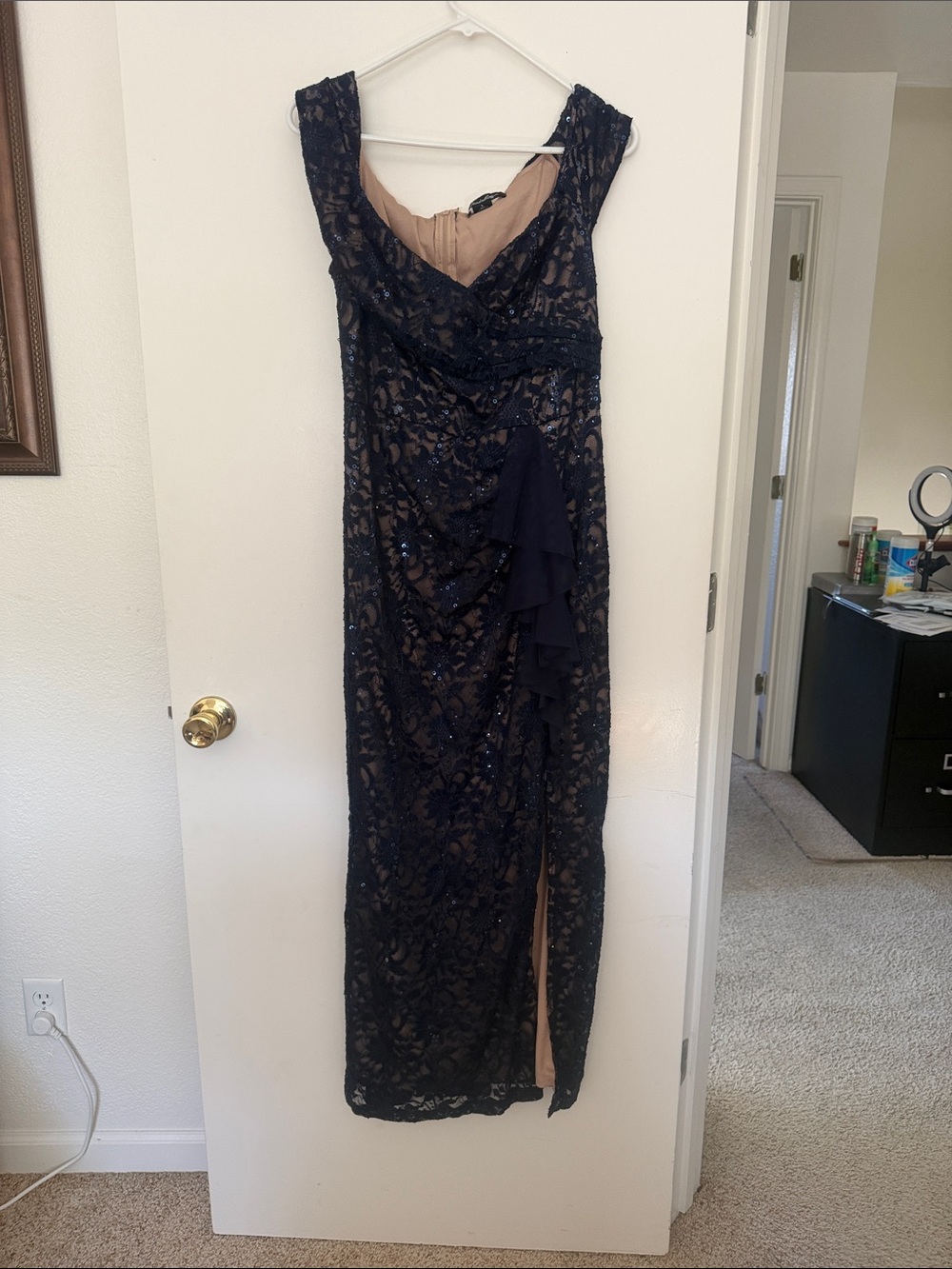 Navy Lace Overlay Prom Dress with Nude Lining and Ruffle Accent